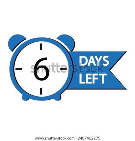 Countdown clock icon. Six days left. Bold blue design. Vector illustration.