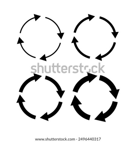 Four circular arrows. Black arrow icons. Rotation cycle symbols. Vector illustration.