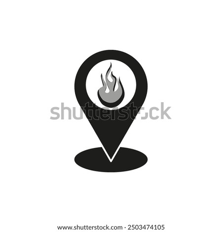 Fire location icon. Black map marker. Flame symbol inside. Vector graphic.