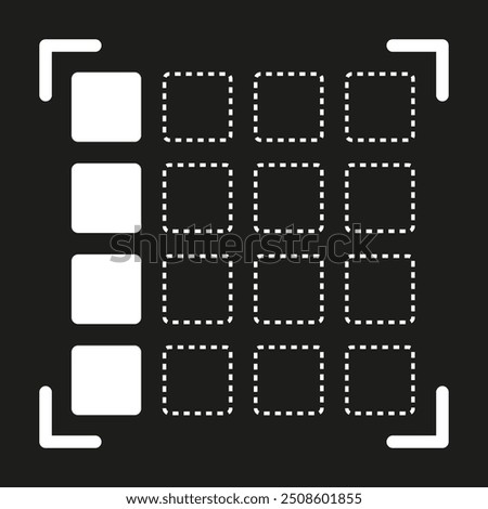 Grid selection symbol. Dashed square structure. Highlighted interface detail. Abstract vector icon.