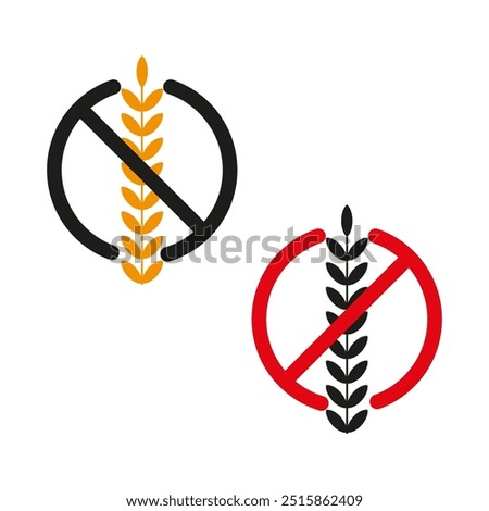 Gluten free icon vector. Wheat symbol crossed out. Red and black circle outlines. Simple flat design.