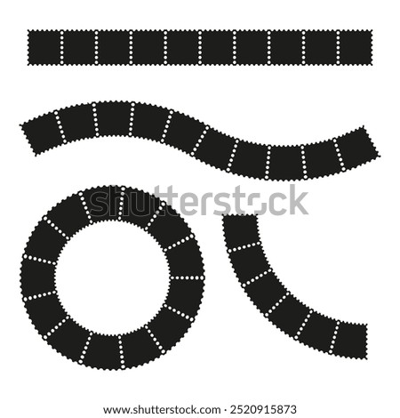 Film strip icon. Curved and circular film graphics. Simple black and white design.