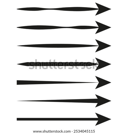 Directional arrow set. Thin and thick arrows. Navigation vector symbol. Black arrow illustration.