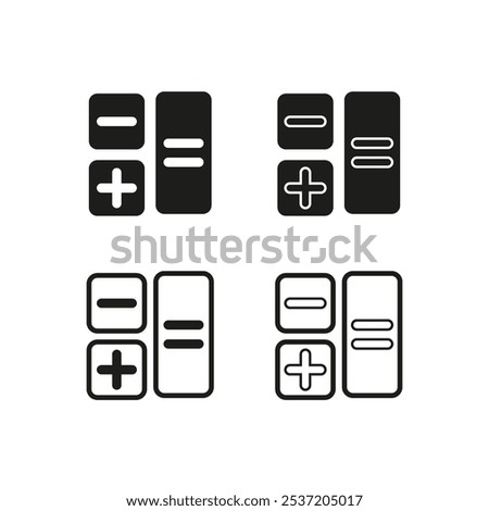 Calculator button icons. Plus and minus symbols. Bold minimal vector shapes. Black and white set.