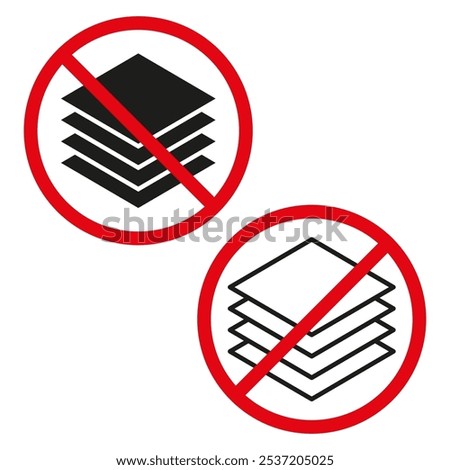 Black stack icon. Document pile symbol. Red prohibition circle. Vector design.