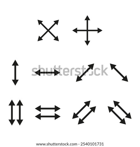 Arrow icons. Directional vector shapes. Multi-angle black arrows. Symbol of navigation.