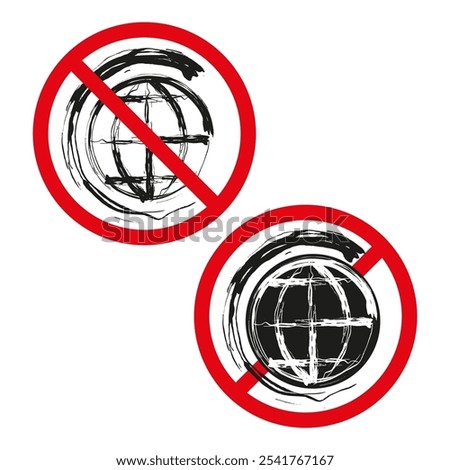 No globe icon. Forbidden internet symbol. Crossed-out world. Red prohibition mark.