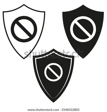 Shield with prohibition. No entry icon. Black restriction symbol. Vector security emblem.