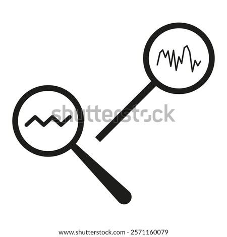 Magnifying glass icon. Black circular outline. Graph detail illustration. Vector search tool.