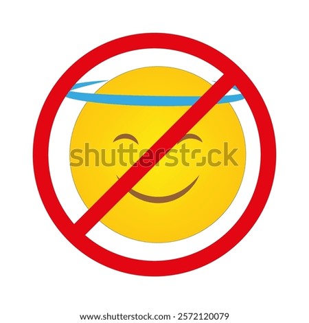 Crossed halo emoji. Smiling yellow face. Prohibited angel symbol. Vector illustration.