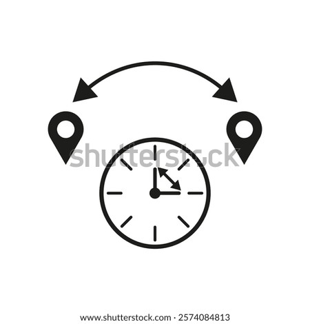 Time and location. Clock with markers. Travel distance icon. Direction vector symbol.