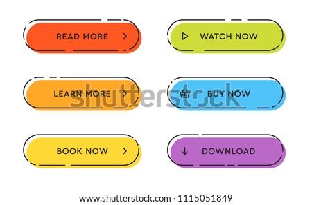 Set of vector modern trendy flat buttons. Different colors of main shapes and icons with black outline frames.