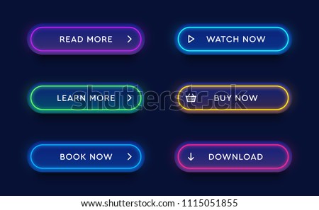 Set of vector modern neon glowing buttons. Different colors of tubes and icons on dark rounded forms.