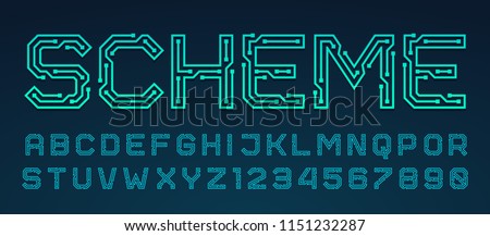 Vector printed circuit board style font. Blue latin letters from A to Z and numbers from 0 to 9 made of electric current wires and connectors. Futuristic design concept.