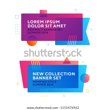 Abstract geometric vector banners in modern memphis design style. Different shapes with vivid gradients: square, circle, triangle. Copyspace for your text. Ready to use in web design or advertisement.