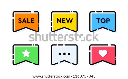 Set of vector bold dashed outline stroke tags or labels. Rectangular ribbon bookmark shape. Nice and cute design template with colorful elements. Peach orange and blue cyan colors.