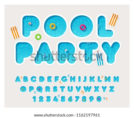 Vector pool font. Rounded letters fulled with water. Latin alphabet from A to Z and numbers from 0 to 9. English typeface.
