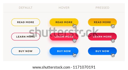 Set of vector modern trendy flat buttons with different states. Different colors of main shape with oval outline frames.