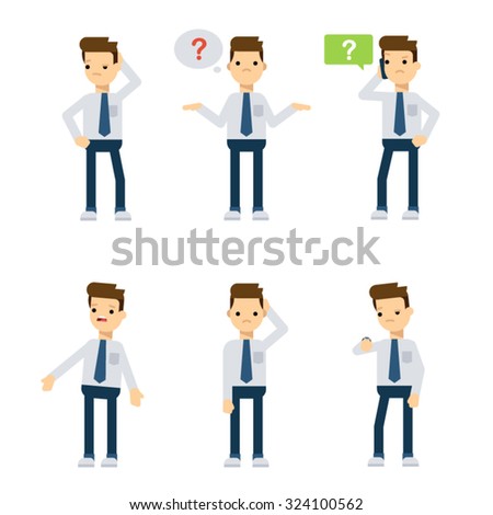 Set of vector flat style characters: office guy being confused.