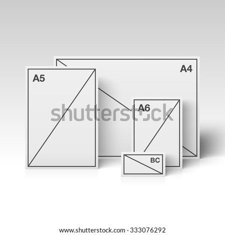 Papers of different sizes standing in the white room. Vector illustration.