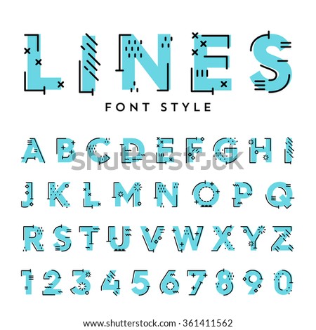 Vector trendy flat font with abstract lines. Latin alphabet from A to Z and numbers from 1 to 0. Beautiful bold typeface with capital letters.