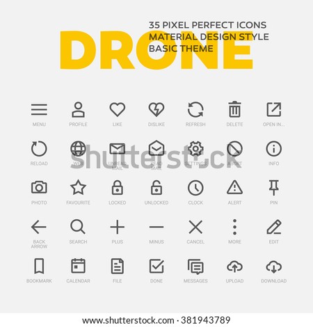 DRONE ICONS. Set of 35 flat line art vector icons made in material design style. Easy to use in web, mobile and desktop applications.