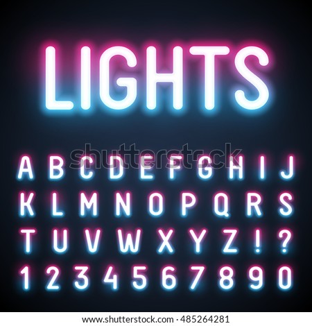 Glowing neon tube font. Retro text effect. Latin letters from A to Z and numbers from 0 to 9. Pink to light blue gradient light.