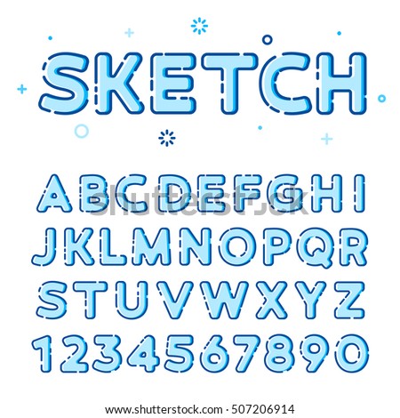 Funny sketchy vector font in line-art style with colorful fills. Ideal to use in web design or in printing design. Trendy modern vector style. Latin letters from A to Z and numbers from 0 to 9.