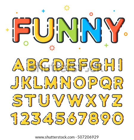 Funny sketchy vector font in line-art style with colorful fills. Ideal for children birthday invitation card or postcard. Trendy modern vector style. Latin letters from A to Z and numbers from 0 to 9.