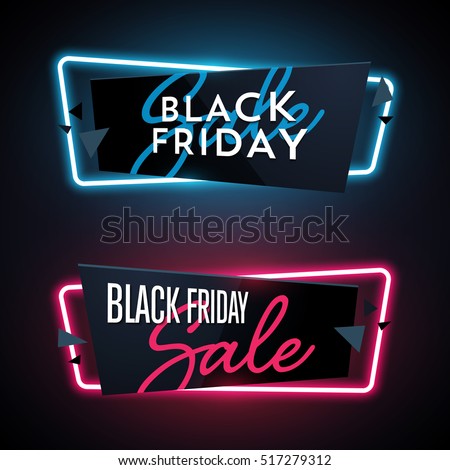 Set of geometric neon vector banners. Glossy plastic material style. Origami paper. Black Friday Sale labels. 商業照片 © 