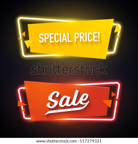 Set of geometric neon vector banners. Glossy plastic material style. Origami paper. Special Price Sale labels. 商業照片 © 