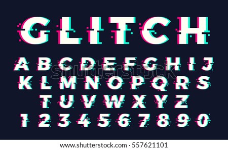 Vector distorted glitch font. Trendy style lettering typeface. Latin letters from A to Z and numbers from 0 to 9. Green and red channels.