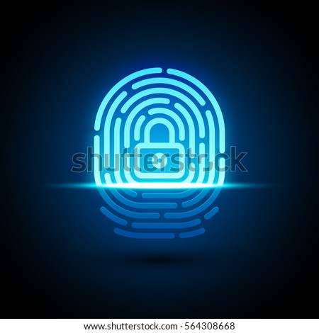 Vector fingerprint loop icon with lock glyph inside. App security illustration. Flat style icon isolated on white background.