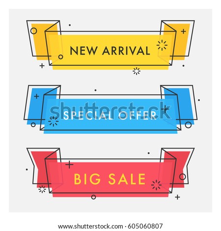 Set of trendy flat geometric vector ribbons. Vivid transparent banners in retro poster design style. Vintage colors and shapes. Red, yellow and blue banner design.
