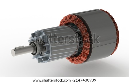 Stator and rotor  exploded view presentation used on asynchronous electric motor, 3D rendering on white background 商業照片 © 