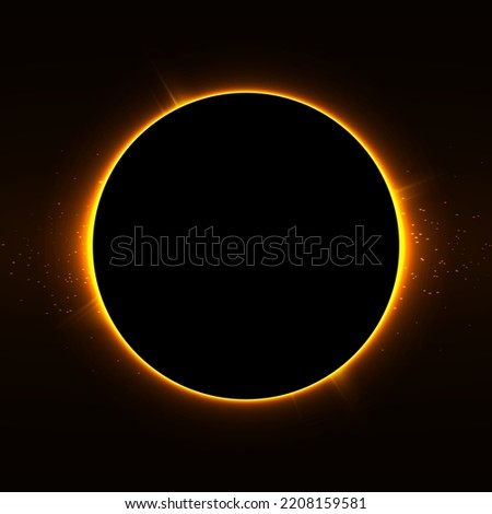 Total solar eclipse. Vector illustration. Light neon light circular frame on black background. Abstract template in cosmic style. Mysterious natural phenomenon the Moon phases between planet Earth 