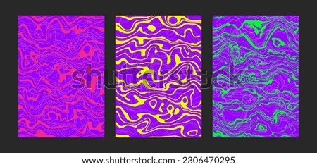 Psychedelic wavy posters set. Trippy groovy abstract backgrounds on bright neon colors. Fluid marble stone texture. Cool funky patterns. Modern vertical design. Vector illustration