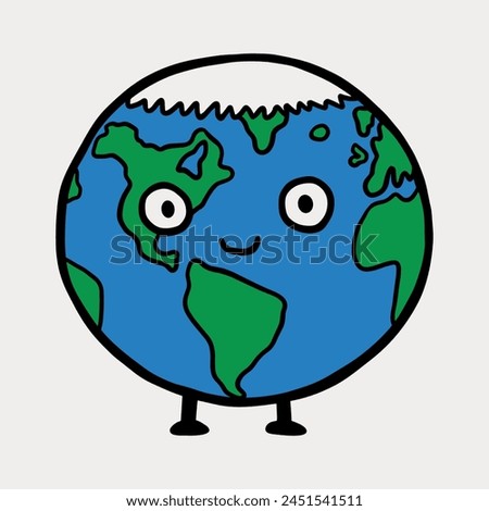 Cute cartoon earth planet. Globe character with legs. North pole, melting glaciers, global warming concept. Vector illustration