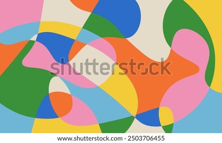 Abstract colorful background with simple hand drawn liquid shapes composition. Fun childish doodle backdrop. Minimal horizontal cover design in bright trendy colors.