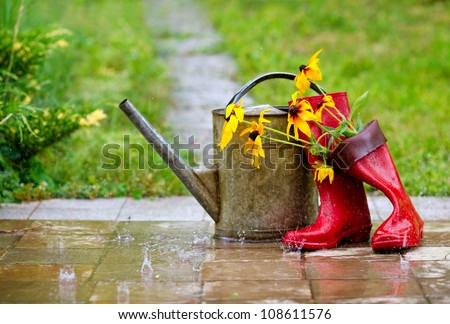 Red rain boots, watering can and flowers in spring garden under the rain