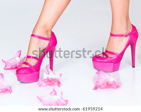 Fashion pink high heels and flowers isolated