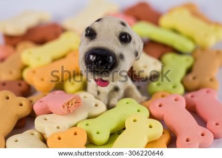 Pile of dog biscuits in the shape of a bone for dog and puppy dog : strawberry, milk, chocolate, vanilla, orange , butter with resin dog.