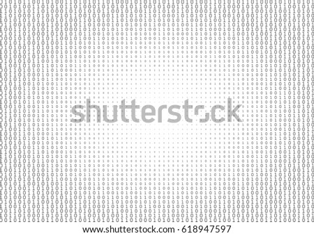 Binary code black and white background with two binary digits, 0 and 1 isolated on a white background. Halftone vector illustration.