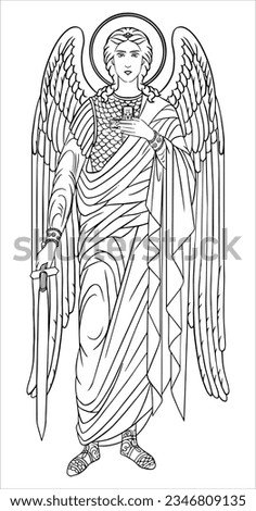 Angel Archangel Michael with a sword vector black and white drawing. Vector Line Illustration. Decorative Religion