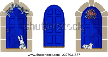 Blue door with a wreath on it, flickr, folk art, blue door, arched doorway, doorway, vector, flat pattern