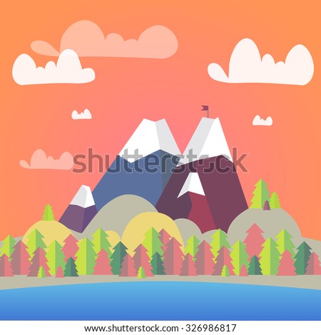 Vector cute autumn flat landscape with mountain, forest and lake background with romantic sunset