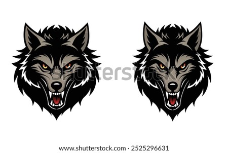 This high-quality vector illustration features the fierce face of an angry wolf with glowing eyes, sharp teeth, and a menacing expression. Perfect for use in logos, branding, or any design