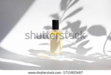 Bottle of essence perfume on white background with sunlight and shadows of leaves. Minimal style perfumery template