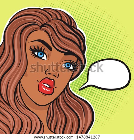 Beautiful african american woman thinking face in pop art comic retro style with empty speech bubble, vector illustration eps10