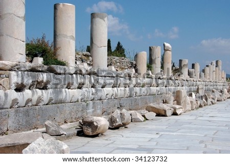 Ruins of the Marble Way in ancient Ephesus, a chief city of the Roman Empire in modern-day Turkey and a site of one of the seven churches of Revelation